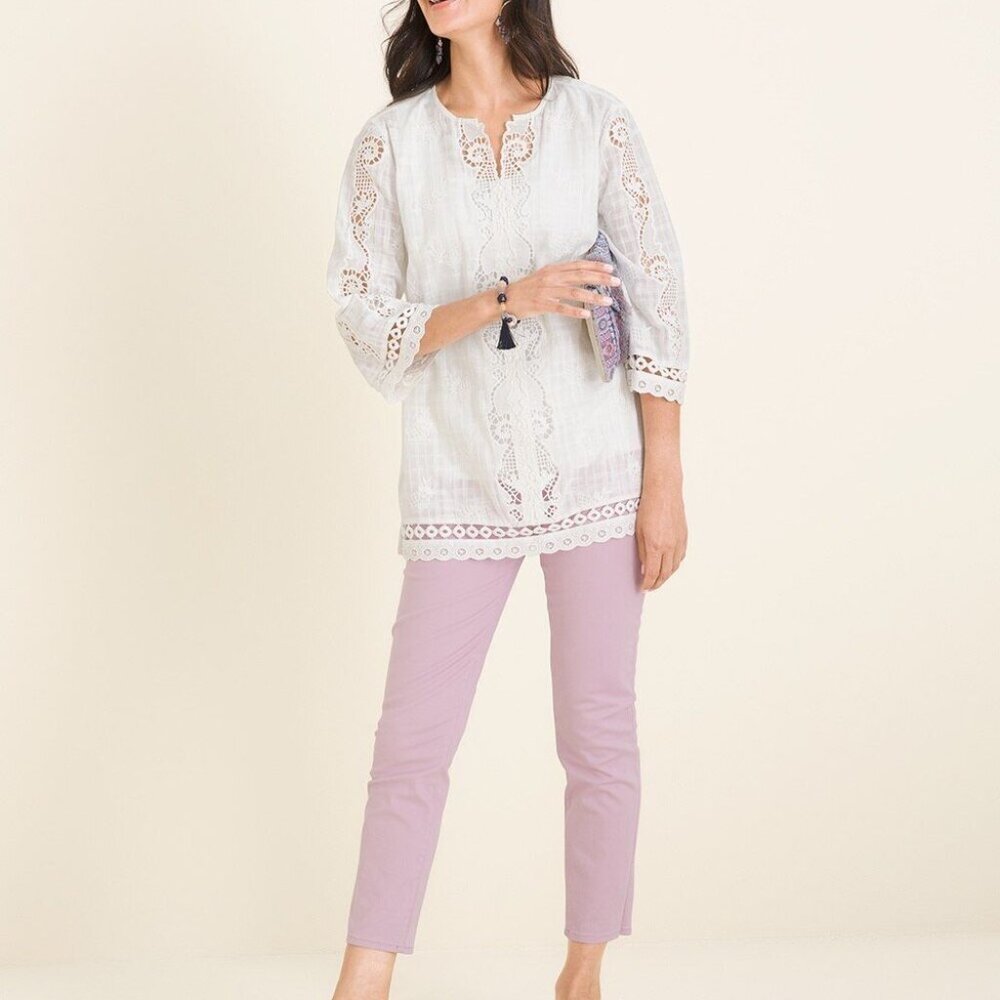 Chico's Lace Crochet Eyelet Trim Blouse White Peasant Top Size 3 16/18 H13471 - Picture 12 of 12